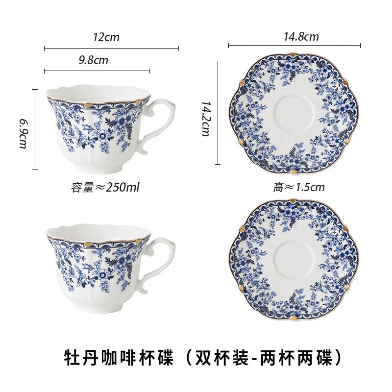 English Style Blue & White Porcelain Coffee Cup | Ceramic Cup with Tray