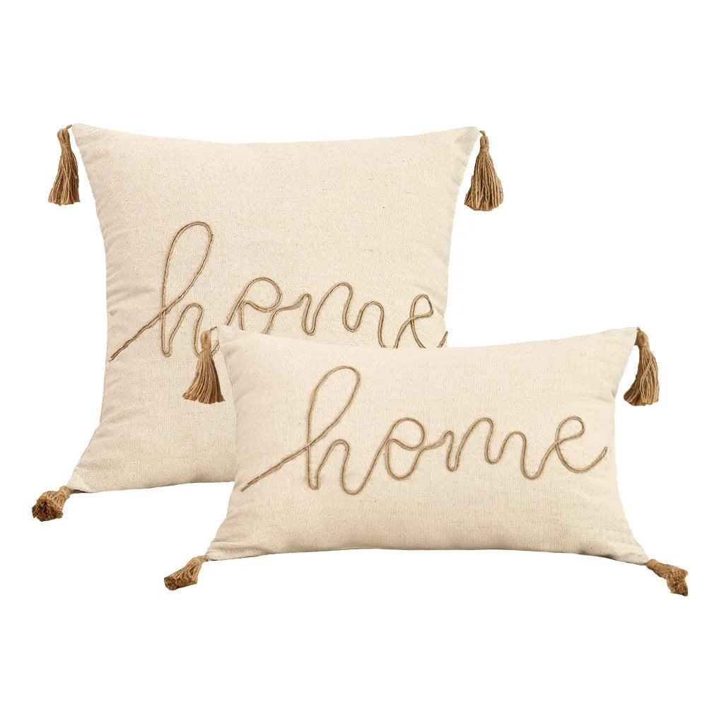 Boho Linen Cushion Cover | Rope Embroidery Letter & Leaf Design with Fringe Tassels