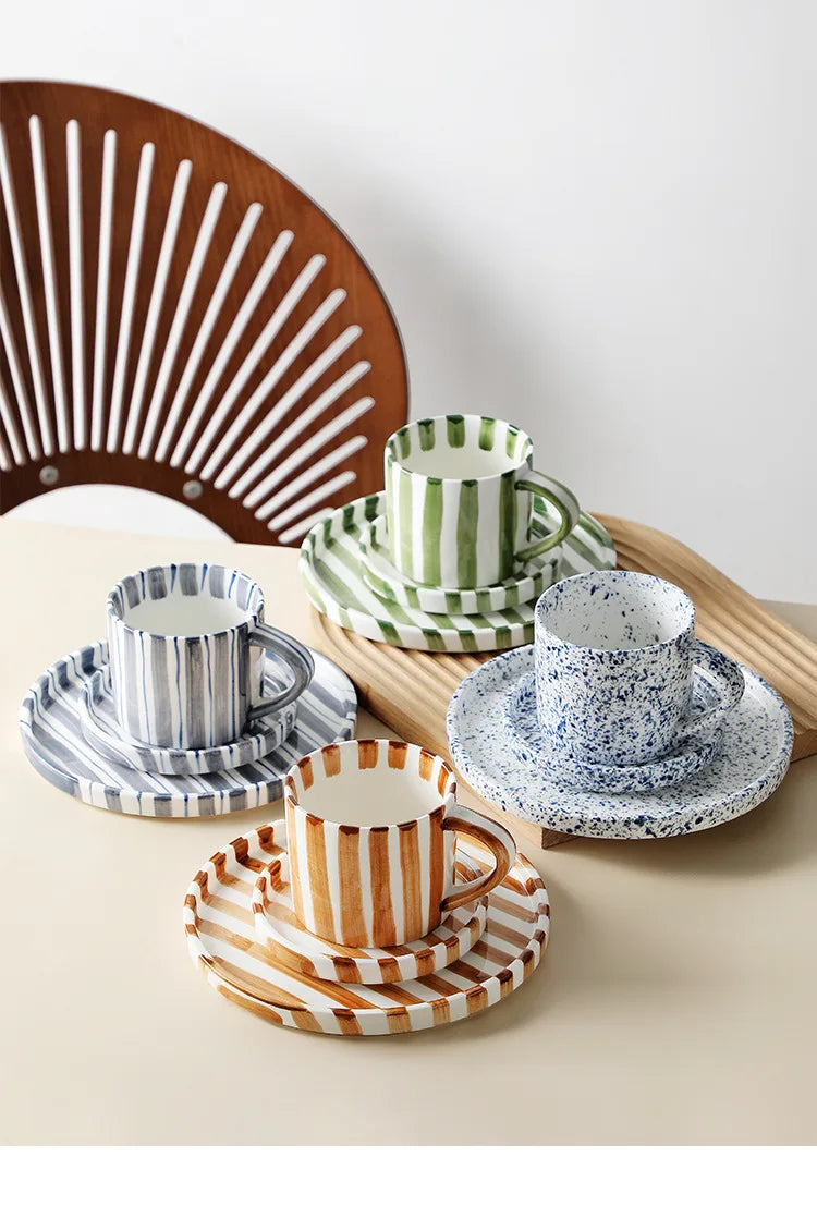 Simple Striped Ceramic Teacup Hotel Café Porcelain Coffee Cup 280ml
