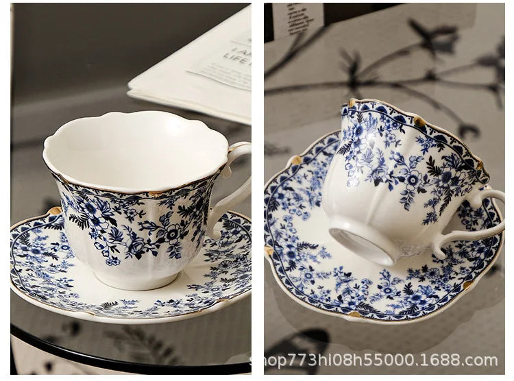 English Style Blue & White Porcelain Coffee Cup | Ceramic Cup with Tray