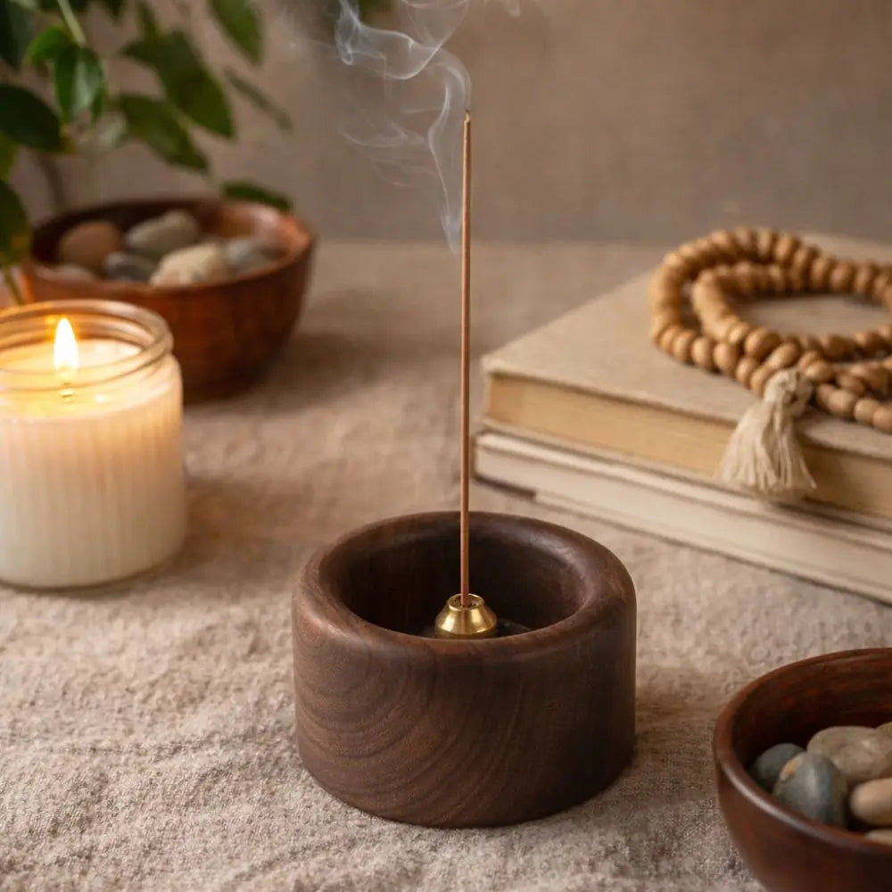 Retro Wooden Incense Holder | Round Handmade Incense Stick Burner for Meditation