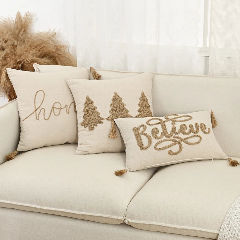 Boho Linen Cushion Cover | Rope Embroidery Letter & Leaf Design with Fringe Tassels