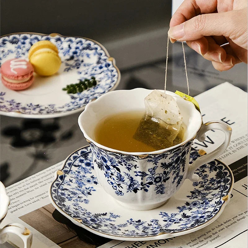 English Style Blue & White Porcelain Coffee Cup | Ceramic Cup with Tray