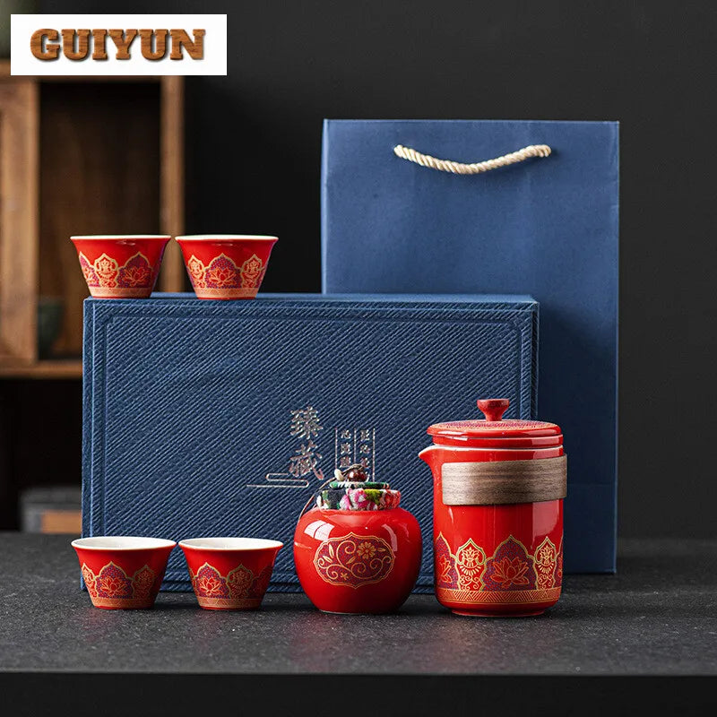 Portable Tea Ceremony Set | 1 Pot 4 Cups Travel Gift Box for Outdoor & Home