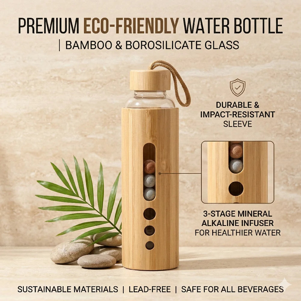 550ml Borosilicate Glass Water Bottle | Bamboo Sleeve Eco-Friendly Reusable Travel Drinkware