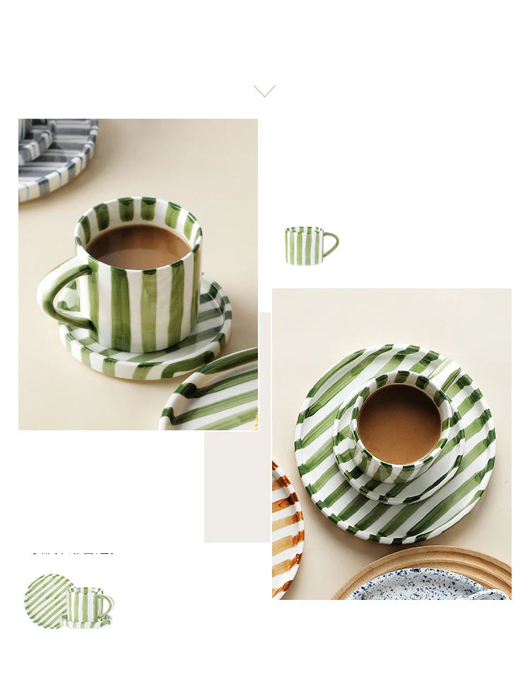 Simple Striped Ceramic Teacup Hotel Café Porcelain Coffee Cup 280ml