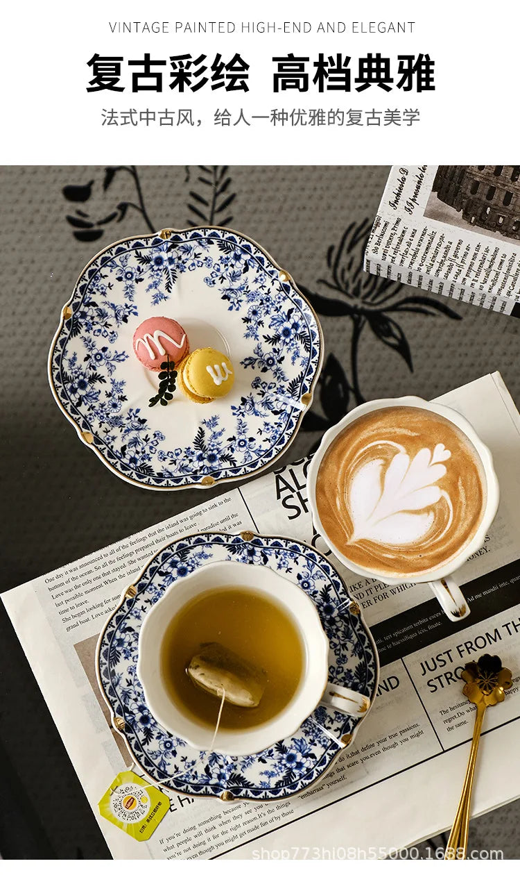 English Style Blue & White Porcelain Coffee Cup | Ceramic Cup with Tray