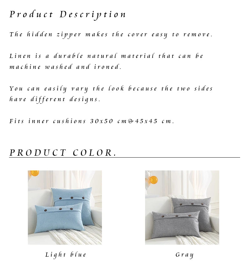 Nordic Linen Cushion Cover with Button | Plain Decorative Pillow Case for Sofa & Living Room