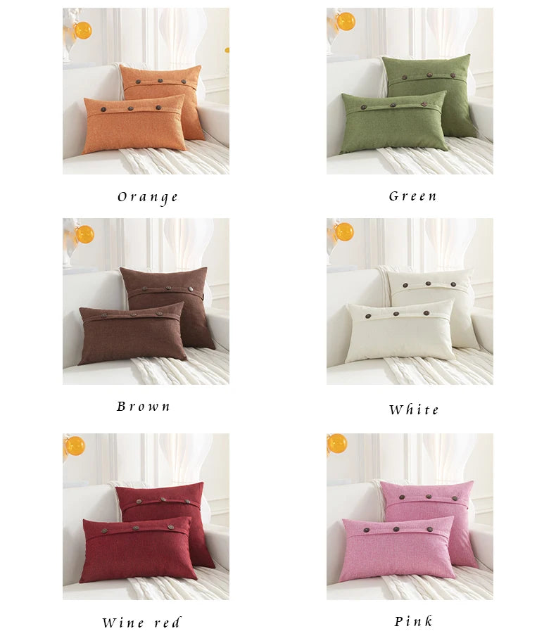 Nordic Linen Cushion Cover with Button | Plain Decorative Pillow Case for Sofa & Living Room