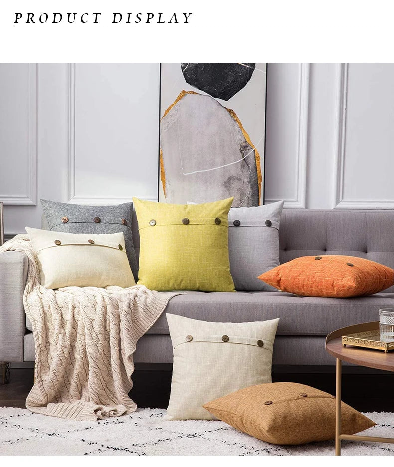 Nordic Linen Cushion Cover with Button | Plain Decorative Pillow Case for Sofa & Living Room