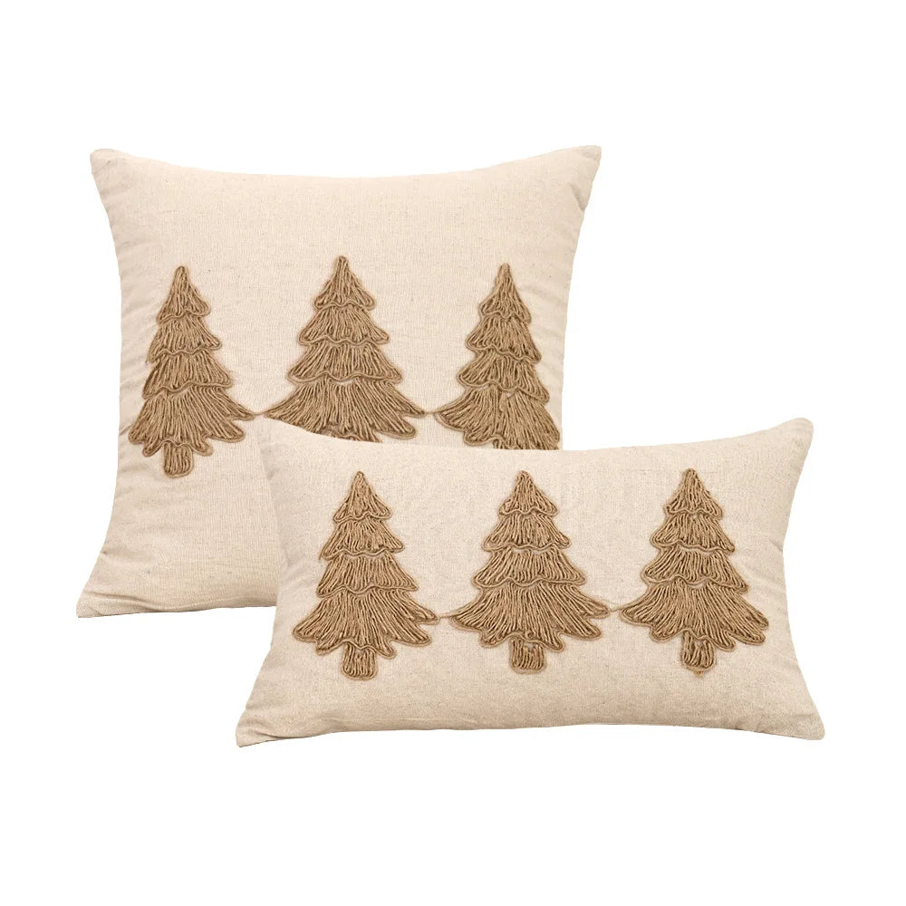 Boho Linen Cushion Cover | Rope Embroidery Letter & Leaf Design with Fringe Tassels