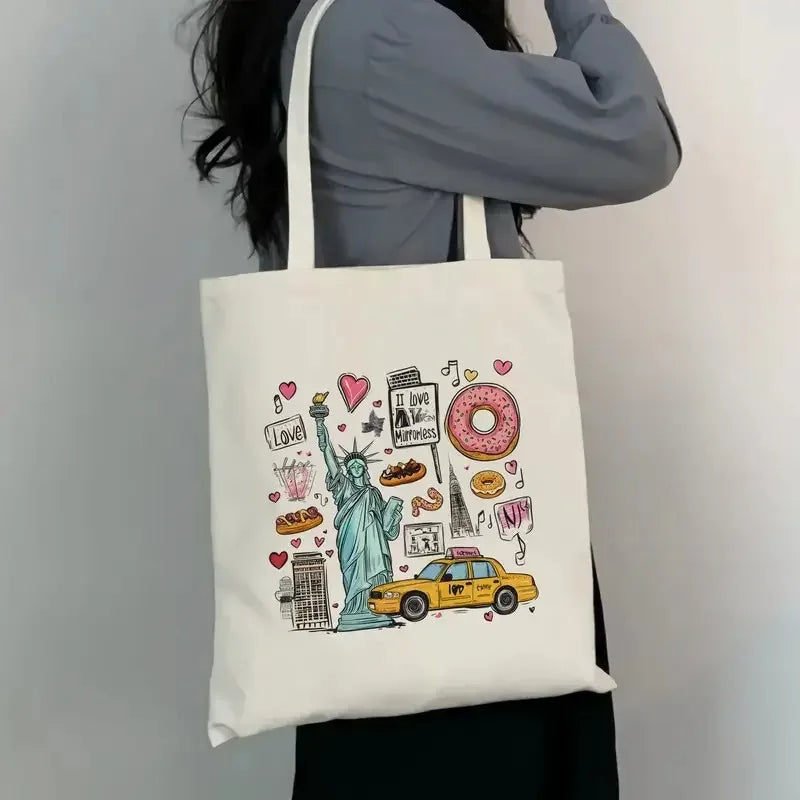 Paris & New York Canvas Tote Bag | Chic Printed Shoulder Bag for Everyday Use