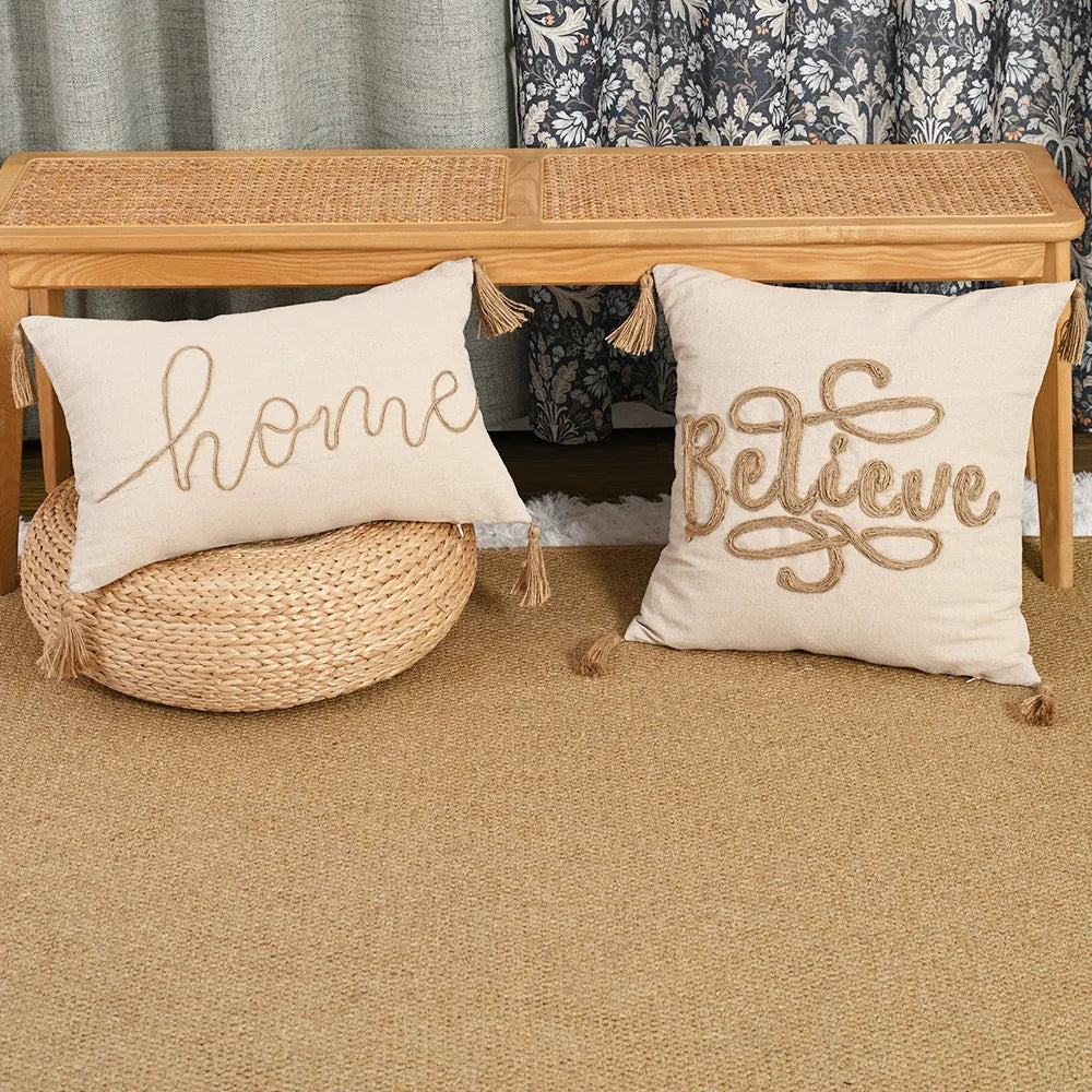 Boho Linen Cushion Cover | Rope Embroidery Letter & Leaf Design with Fringe Tassels
