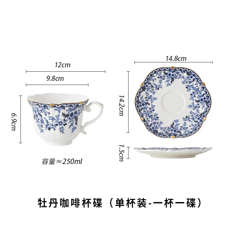 English Style Blue & White Porcelain Coffee Cup | Ceramic Cup with Tray