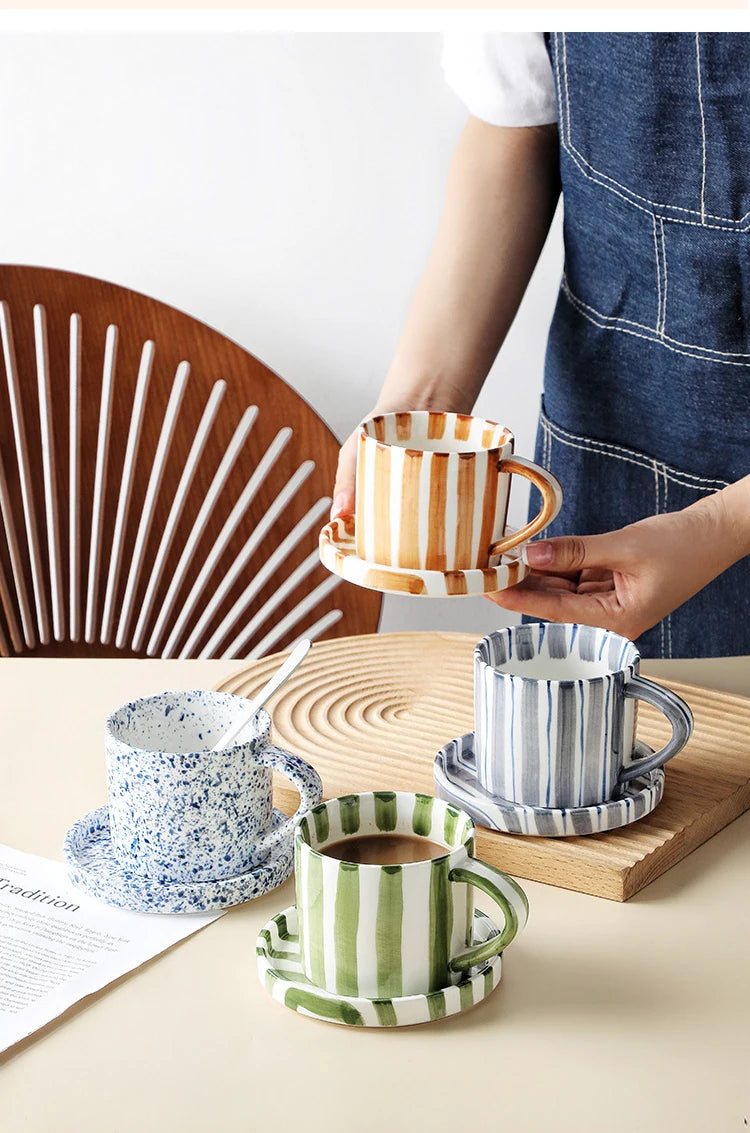 Simple Striped Ceramic Teacup Hotel Café Porcelain Coffee Cup 280ml