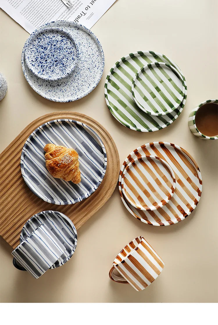 Simple Striped Ceramic Teacup Hotel Café Porcelain Coffee Cup 280ml