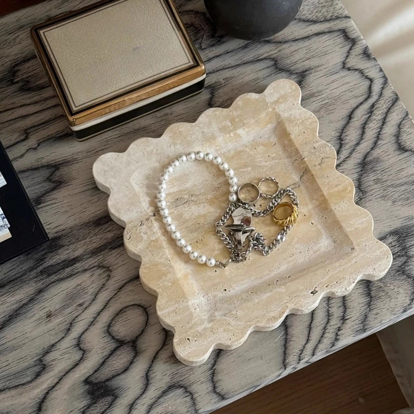 Travertine Stone Tray | Square Scalloped Edge Natural Stone Jewellery & Vanity Organiser