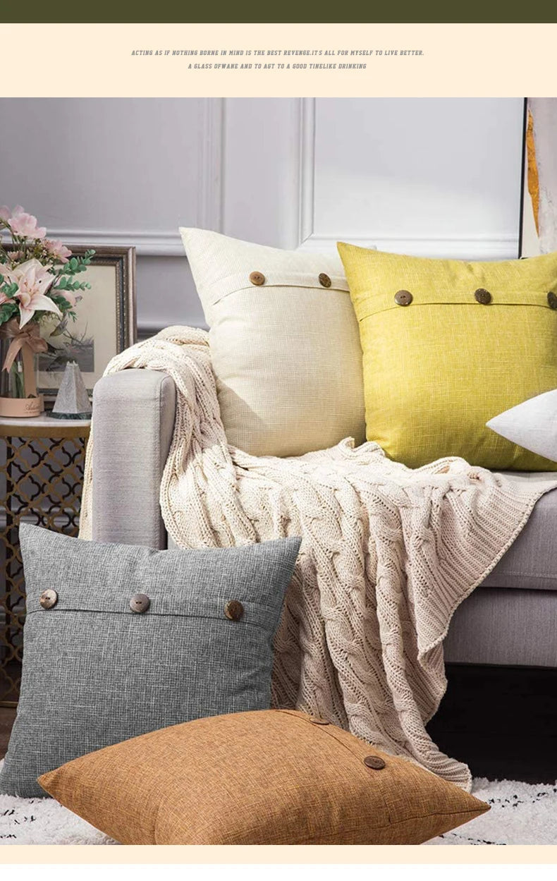 Nordic Linen Cushion Cover with Button | Plain Decorative Pillow Case for Sofa & Living Room