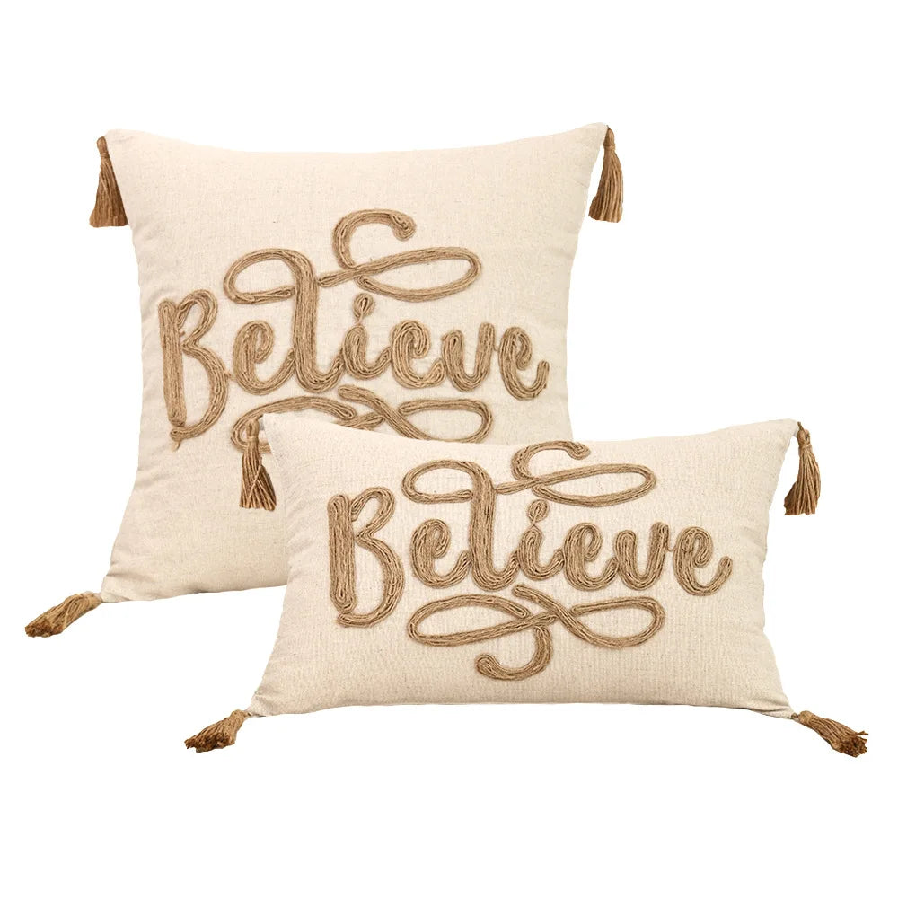 Boho Linen Cushion Cover | Rope Embroidery Letter & Leaf Design with Fringe Tassels