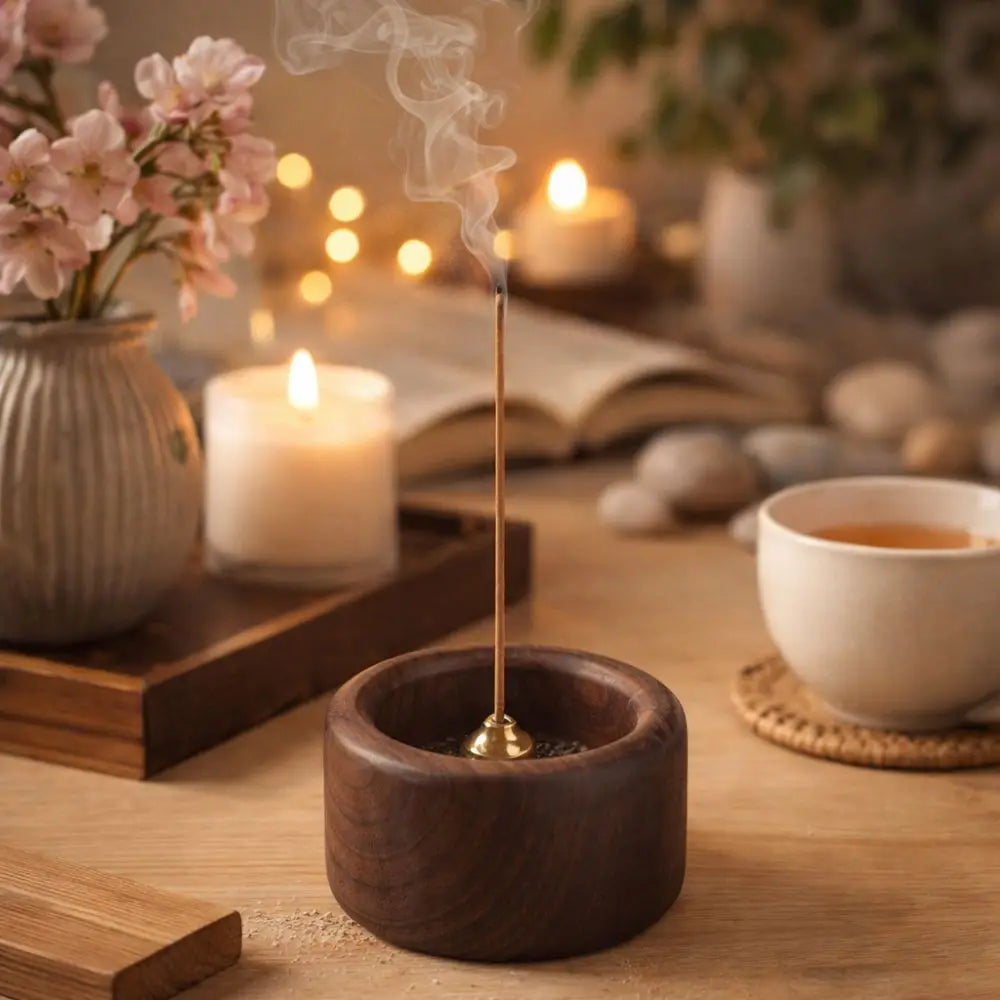 Retro Wooden Incense Holder | Round Handmade Incense Stick Burner for Meditation