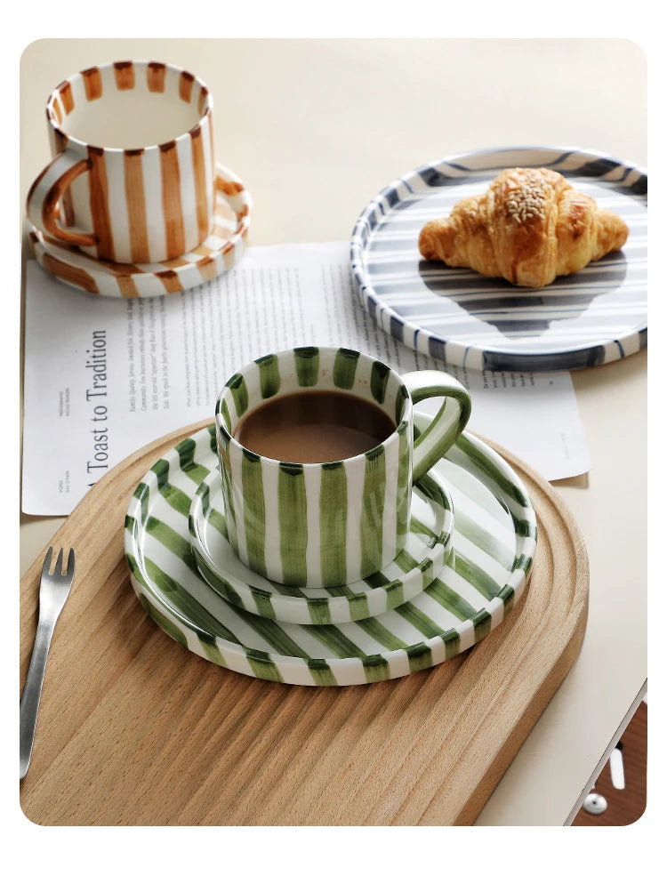 Simple Striped Ceramic Teacup Hotel Café Porcelain Coffee Cup 280ml