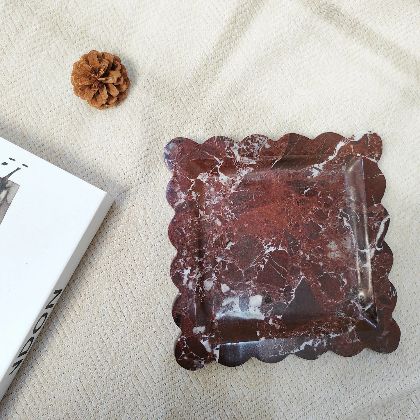 Travertine Stone Tray | Square Scalloped Edge Natural Stone Jewellery & Vanity Organiser