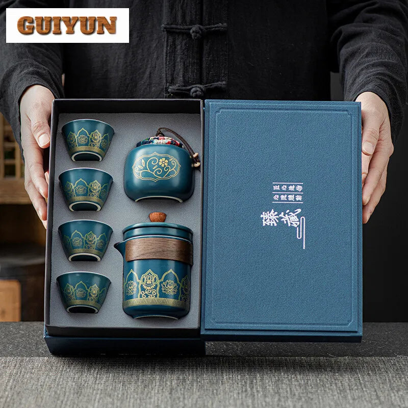 Portable Tea Ceremony Set | 1 Pot 4 Cups Travel Gift Box for Outdoor & Home