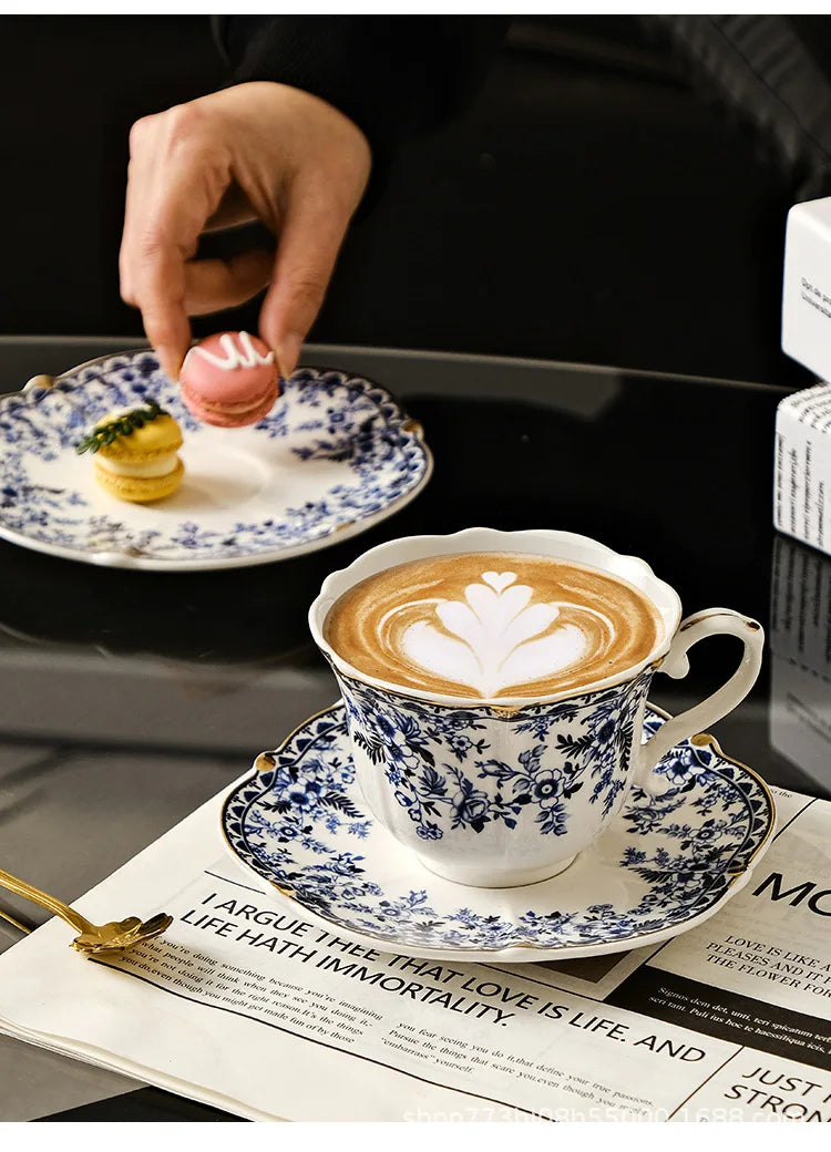 English Style Blue & White Porcelain Coffee Cup | Ceramic Cup with Tray