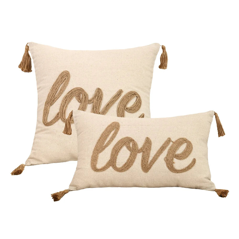 Boho Linen Cushion Cover | Rope Embroidery Letter & Leaf Design with Fringe Tassels