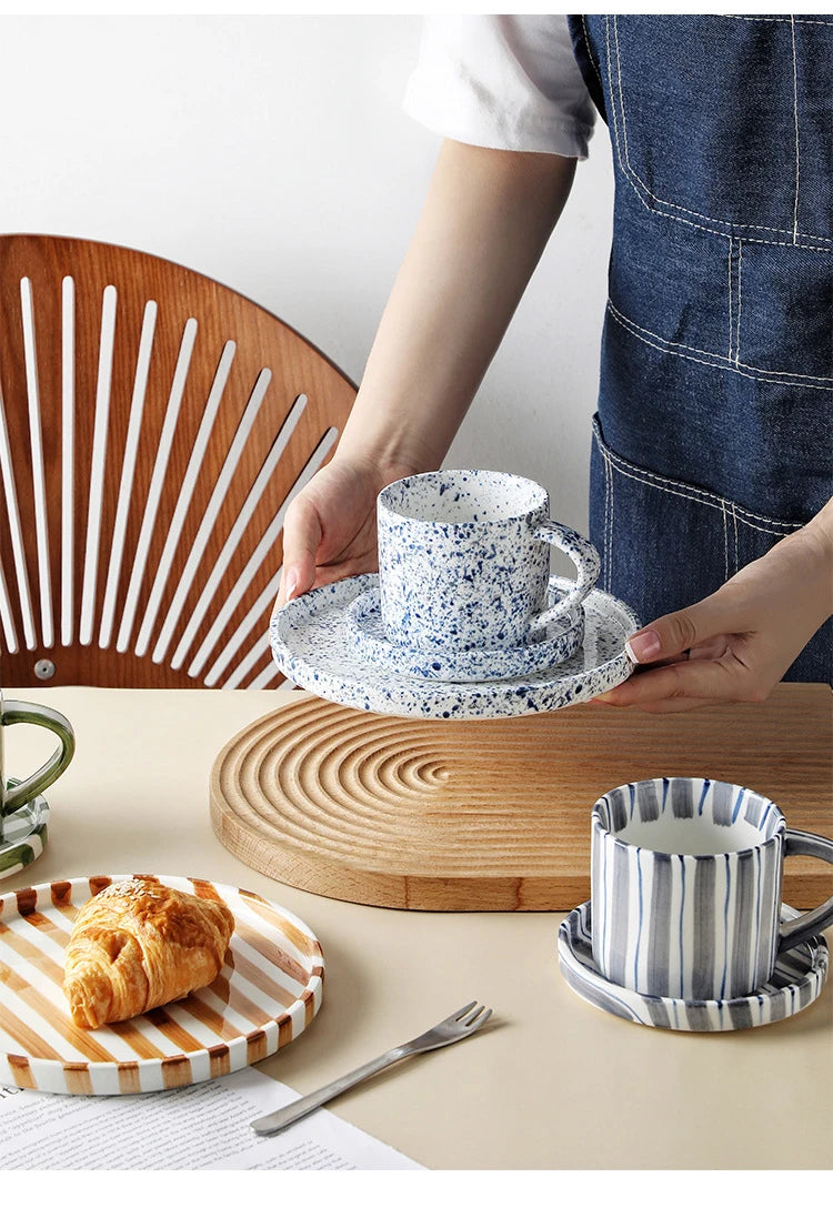 Simple Striped Ceramic Teacup Hotel Café Porcelain Coffee Cup 280ml