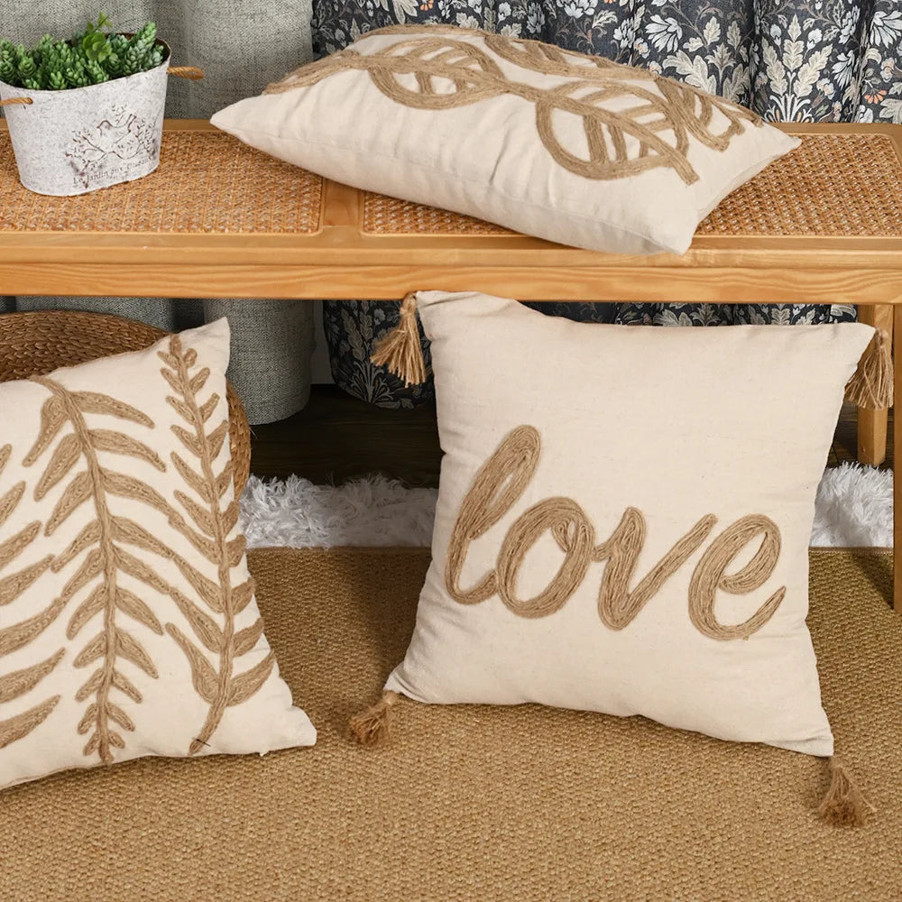 Boho Linen Cushion Cover | Rope Embroidery Letter & Leaf Design with Fringe Tassels