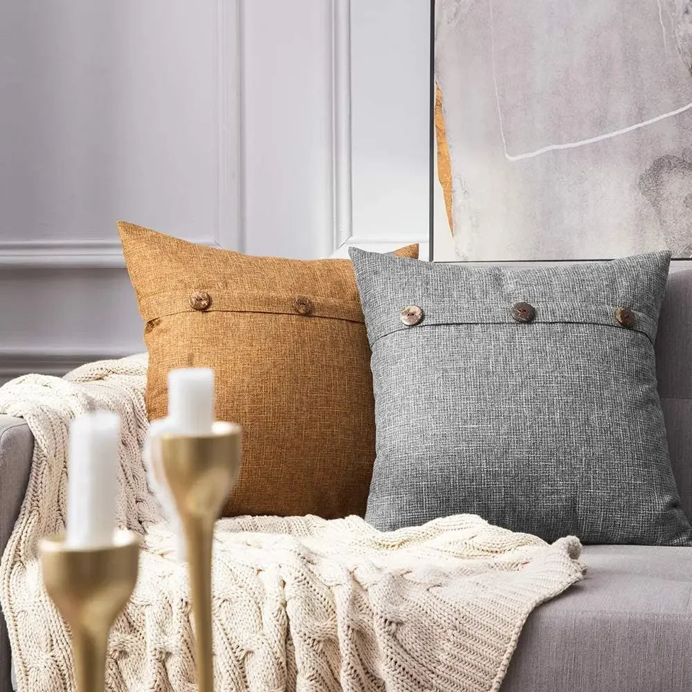 Nordic Linen Cushion Cover with Button | Plain Decorative Pillow Case for Sofa & Living Room