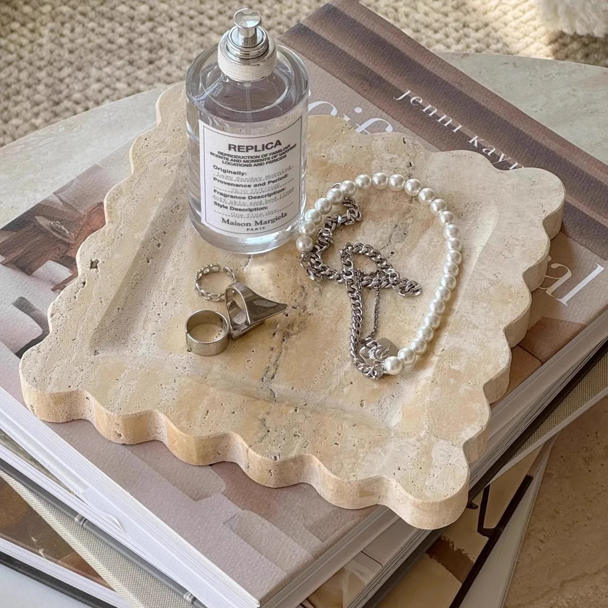 Travertine Stone Tray | Square Scalloped Edge Natural Stone Jewellery & Vanity Organiser