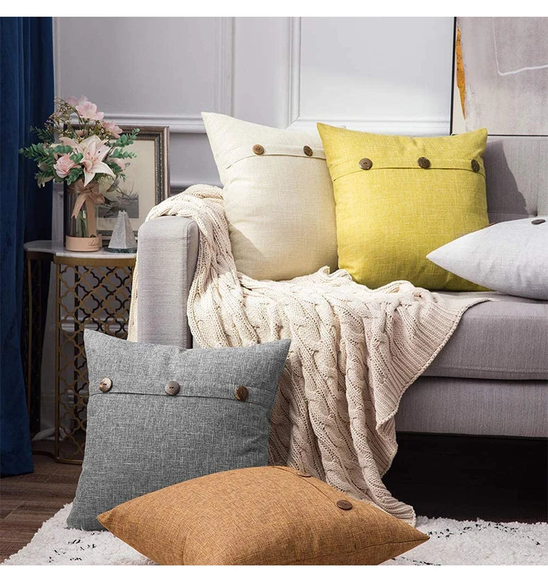 Nordic Linen Cushion Cover with Button | Plain Decorative Pillow Case for Sofa & Living Room