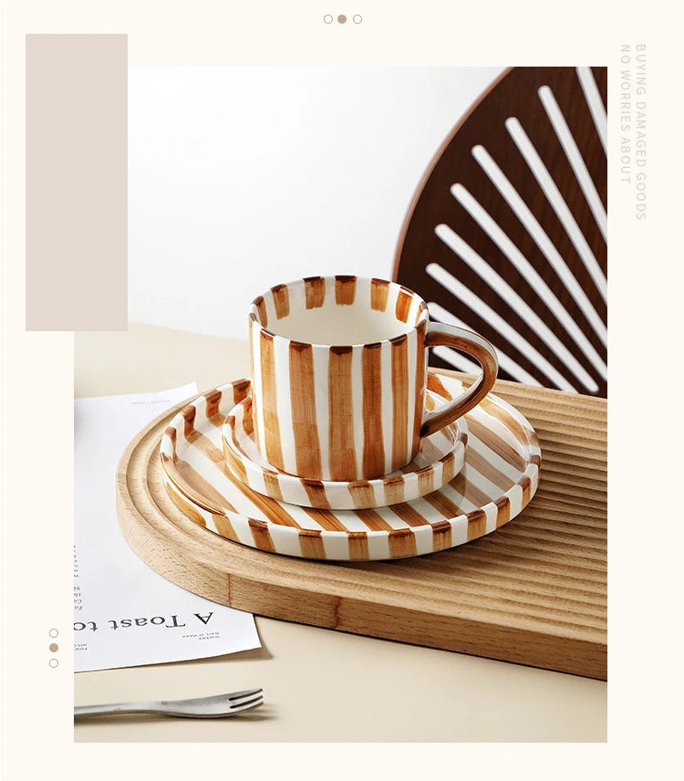 Simple Striped Ceramic Teacup Hotel Café Porcelain Coffee Cup 280ml