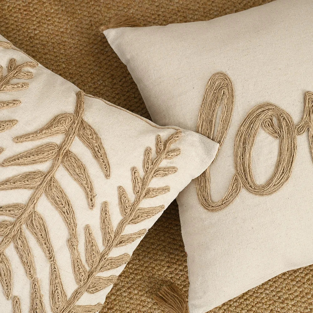 Boho Linen Cushion Cover | Rope Embroidery Letter & Leaf Design with Fringe Tassels