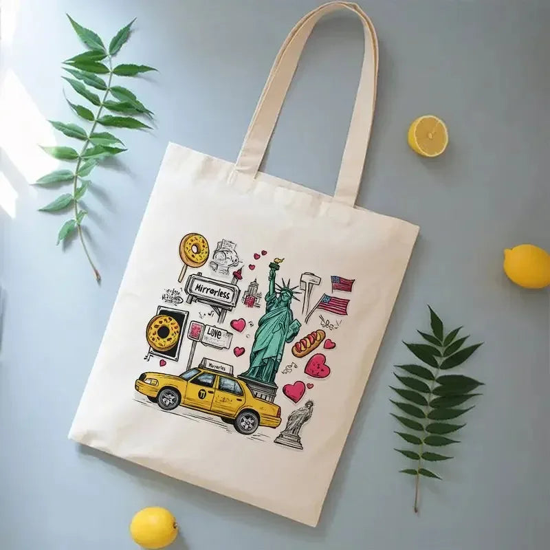 Paris & New York Canvas Tote Bag | Chic Printed Shoulder Bag for Everyday Use