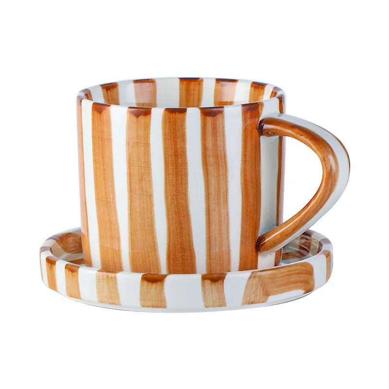 Simple Striped Ceramic Teacup Hotel Café Porcelain Coffee Cup 280ml
