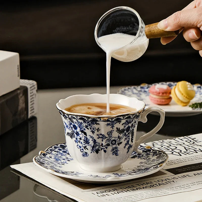 English Style Blue & White Porcelain Coffee Cup | Ceramic Cup with Tray