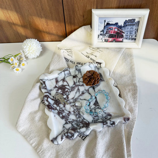 Travertine Stone Tray | Square Scalloped Edge Natural Stone Jewellery & Vanity Organiser
