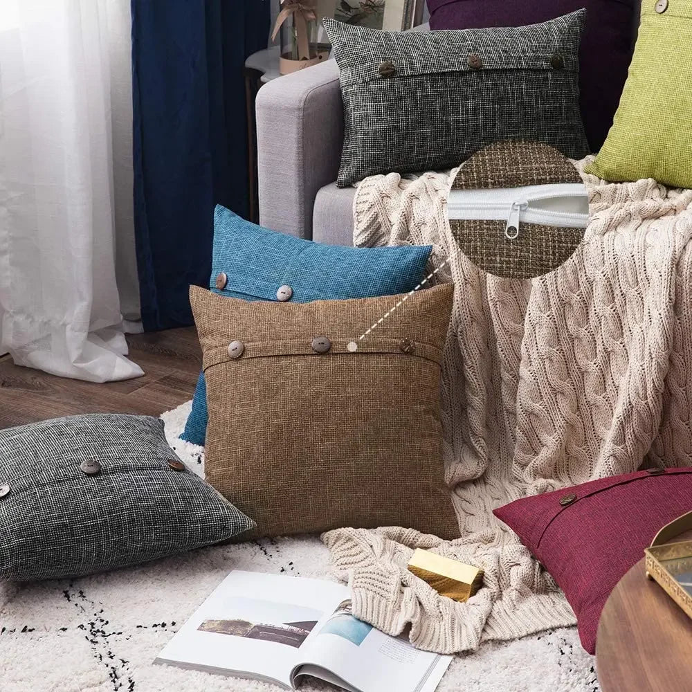 Nordic Linen Cushion Cover with Button | Plain Decorative Pillow Case for Sofa & Living Room