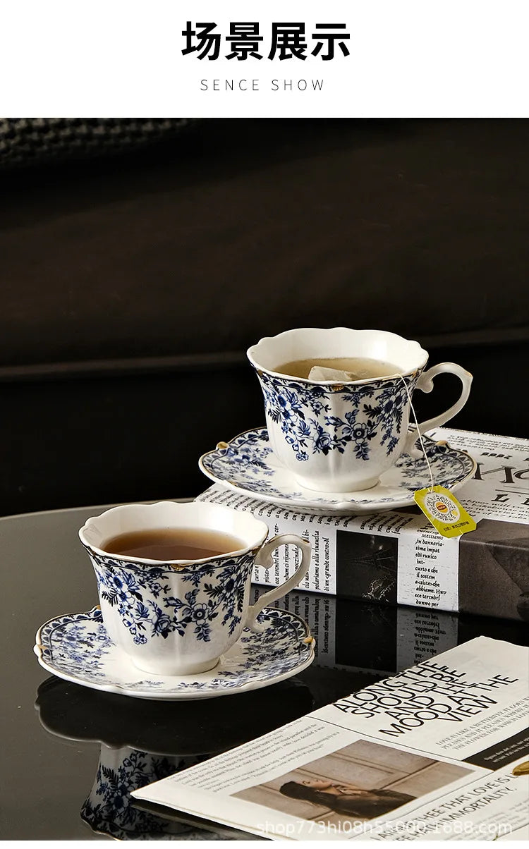 English Style Blue & White Porcelain Coffee Cup | Ceramic Cup with Tray