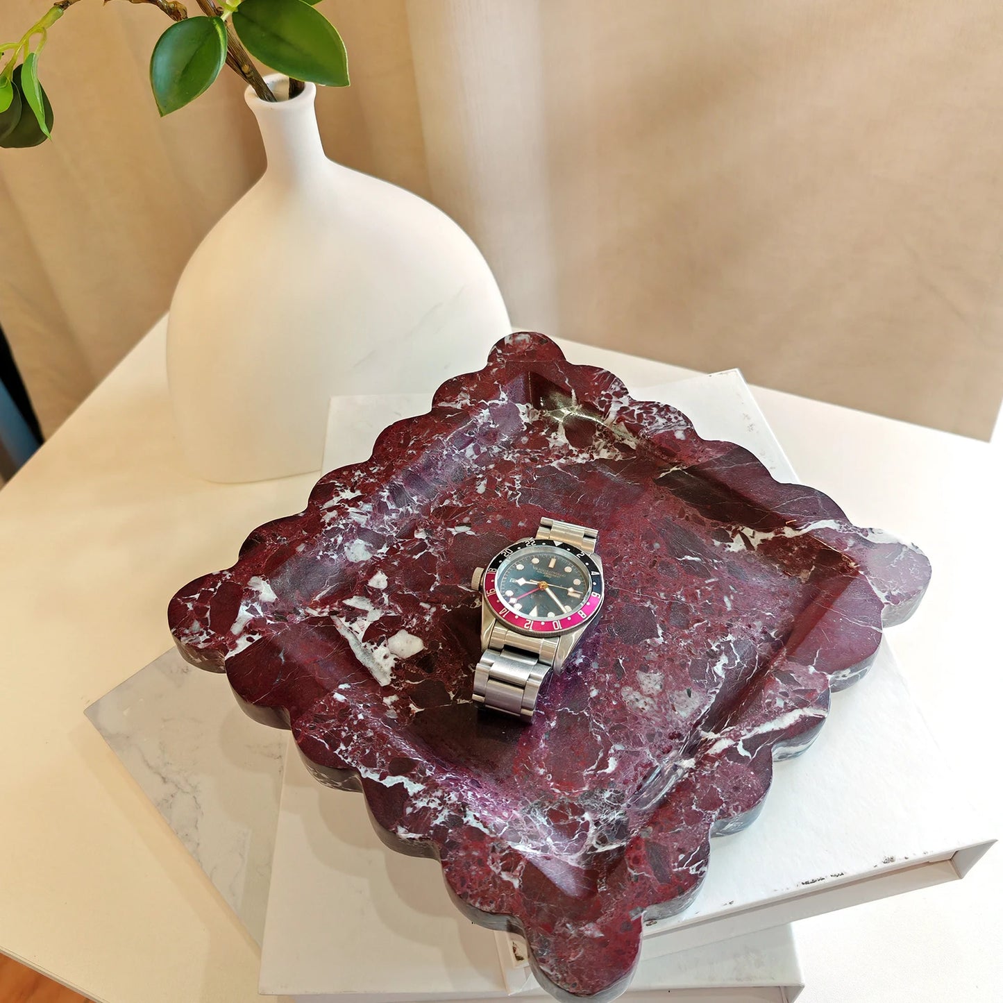 Travertine Stone Tray | Square Scalloped Edge Natural Stone Jewellery & Vanity Organiser