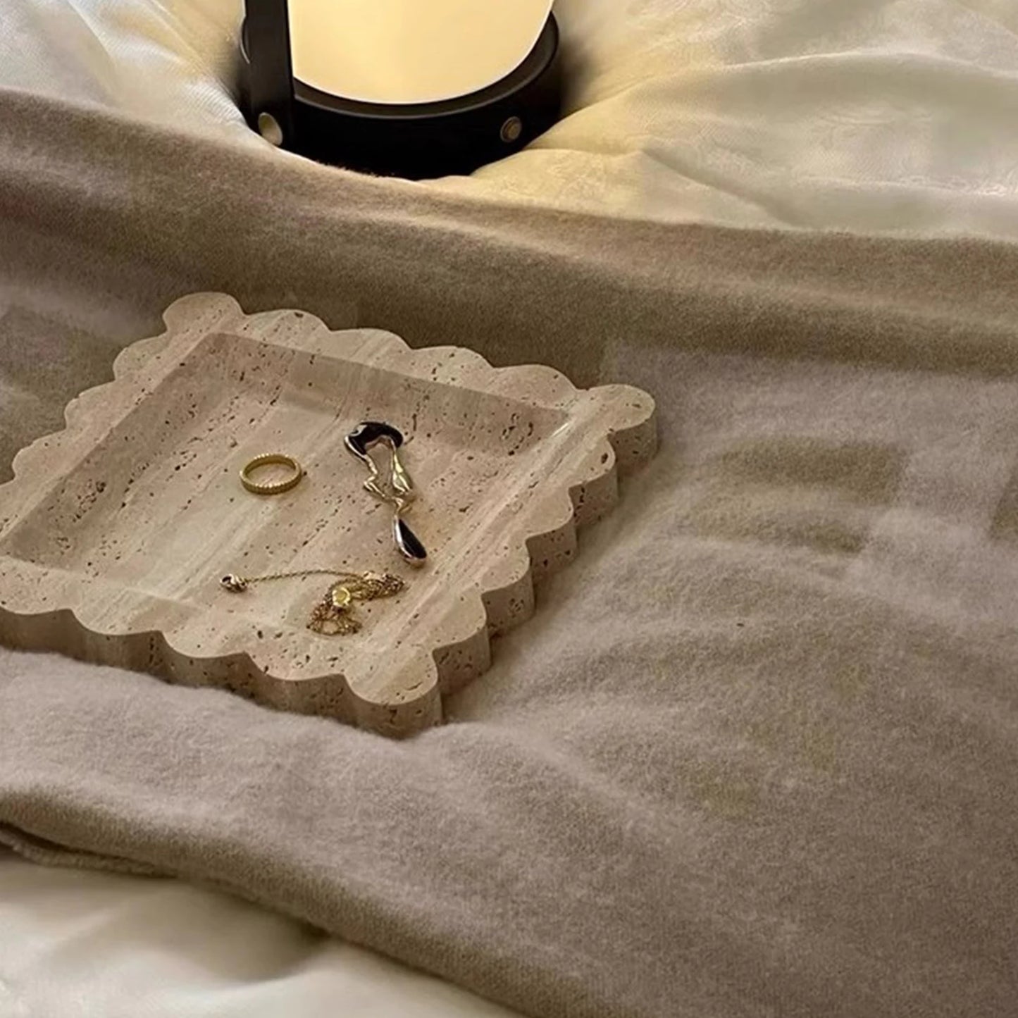 Travertine Stone Tray | Square Scalloped Edge Natural Stone Jewellery & Vanity Organiser