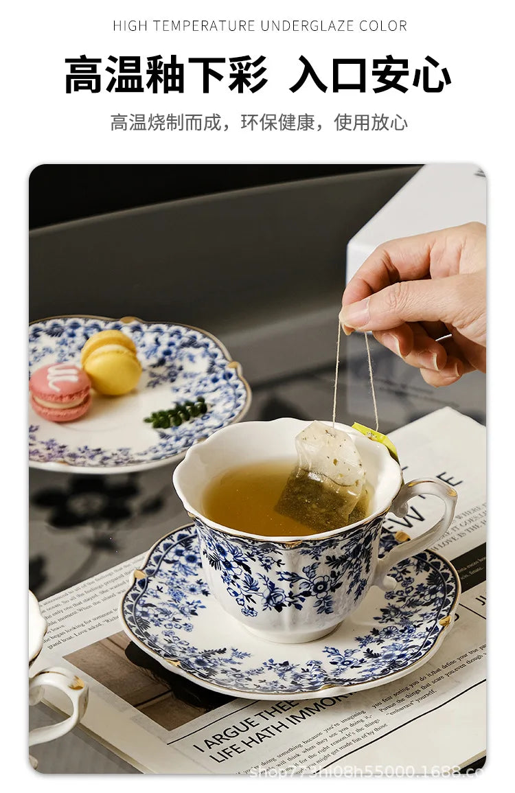 English Style Blue & White Porcelain Coffee Cup | Ceramic Cup with Tray