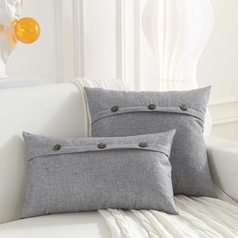 Nordic Linen Cushion Cover with Button | Plain Decorative Pillow Case for Sofa & Living Room