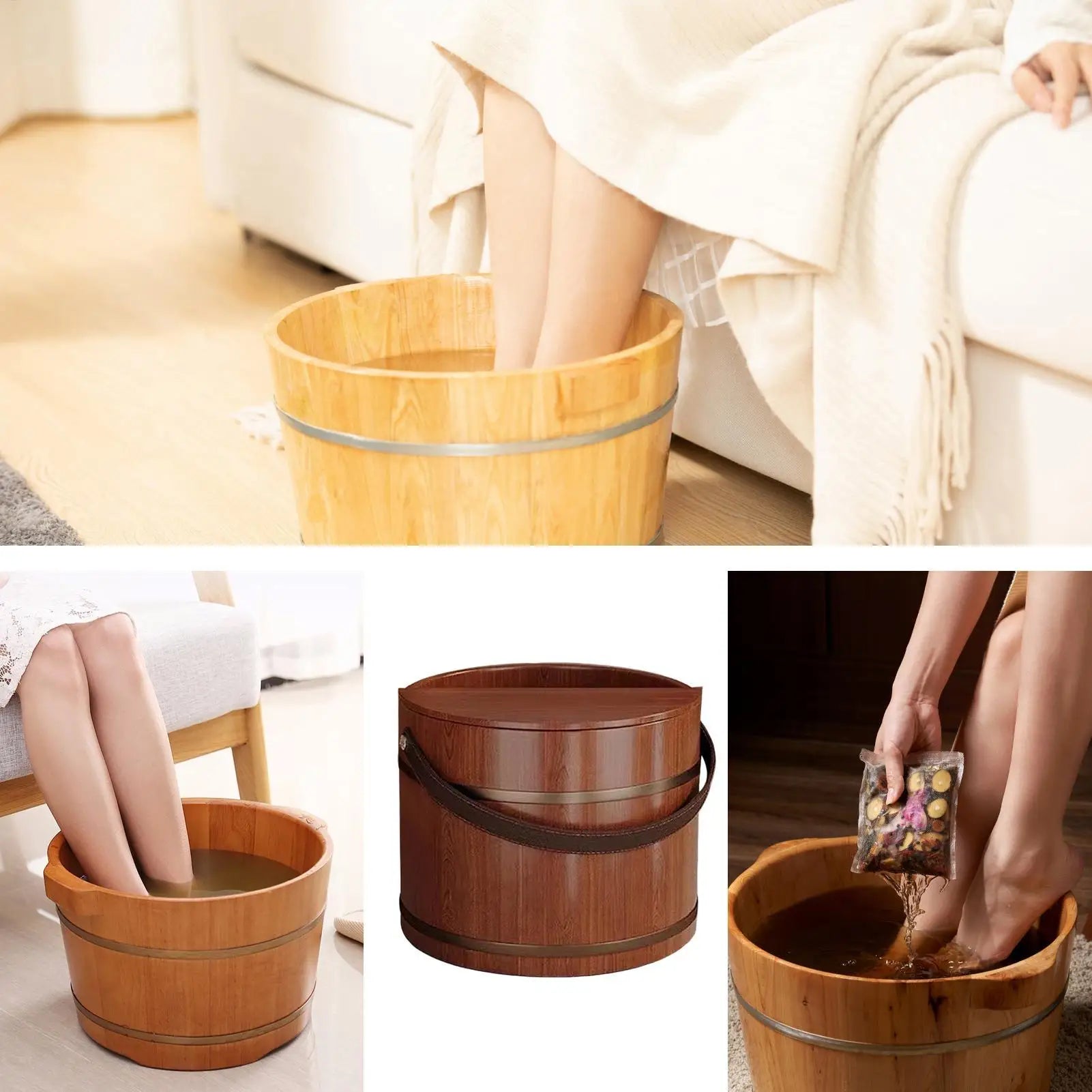 Wooden Foot Bath Tub with Lid Spa Soaking Basin for Relaxation Massage
