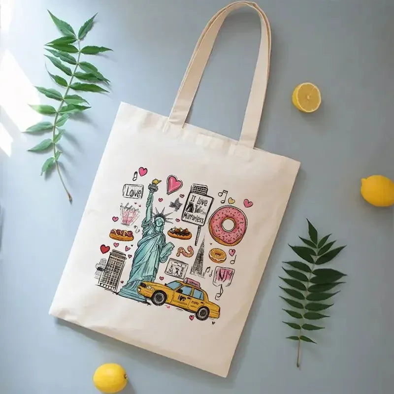 Paris & New York Canvas Tote Bag | Chic Printed Shoulder Bag for Everyday Use