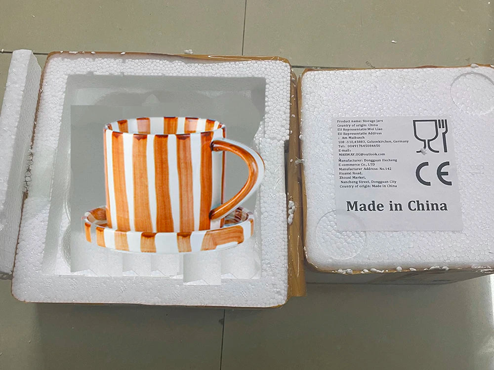 Simple Striped Ceramic Teacup Hotel Café Porcelain Coffee Cup 280ml