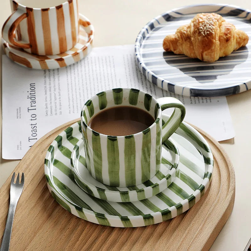 Simple Striped Ceramic Teacup Hotel Café Porcelain Coffee Cup 280ml